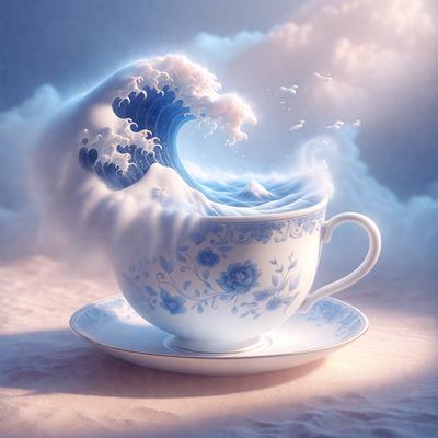 The primary subject of the image is a cup, which is the main object, scene, or focus of the image. The cup is placed on a surface, which appears to be a sandy beach. The visual style of the image is digital art, as it is a computer-generated or digitally created image. The colors and mood of the image are predominantly blue, which gives it a calm and serene atmosphere.